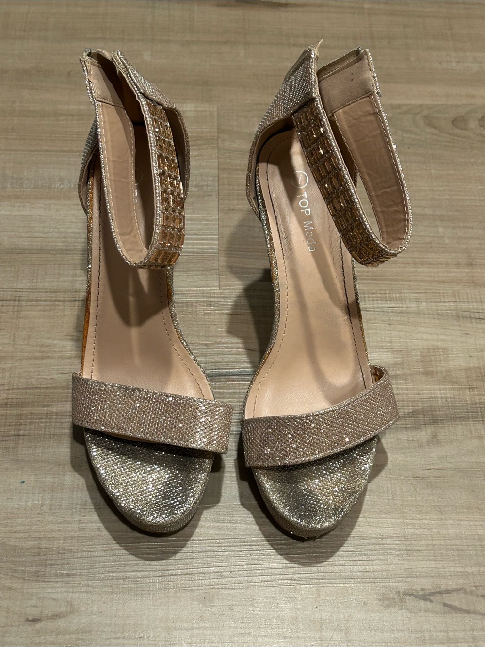 TOP Moda Glitter Ankle-Strap Heels in Champagne Gold